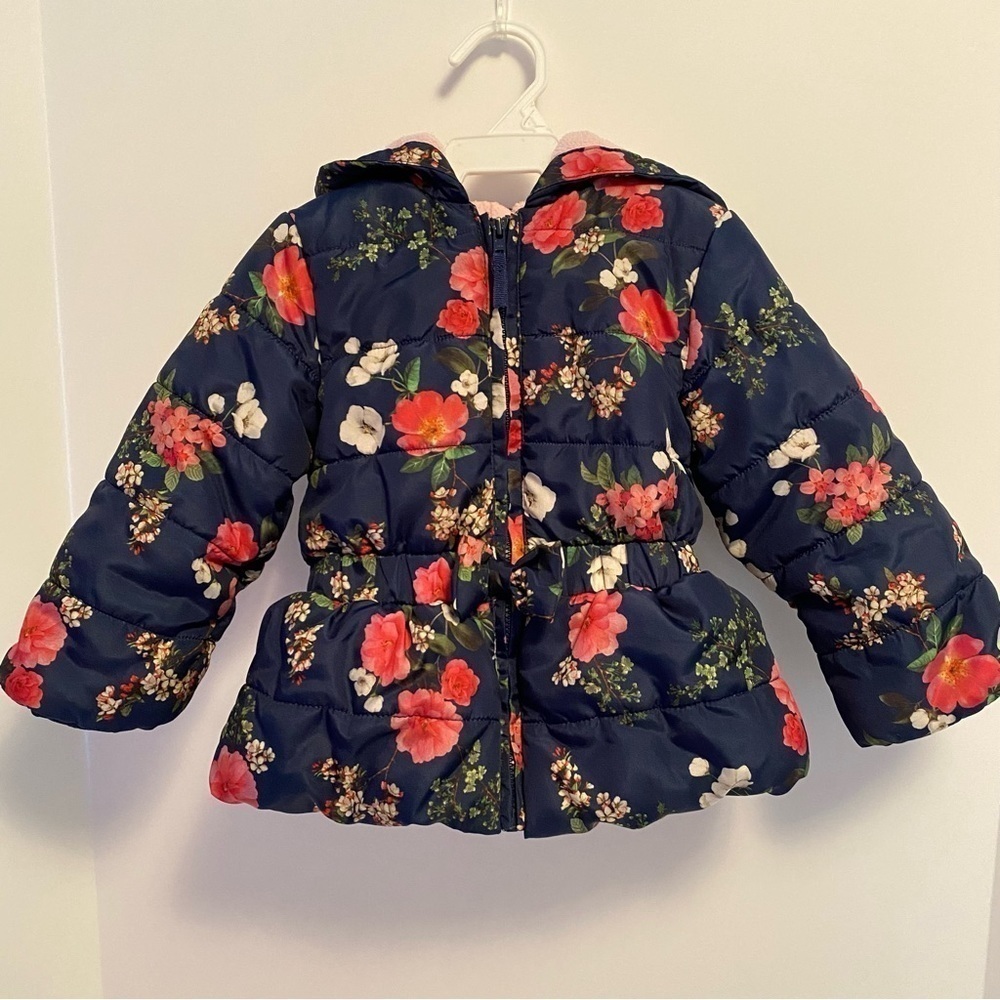 Little Me Navy Blue With Pink Floral Print Puffer Jacket Coat Size 18 Months